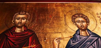 Beautiful traditional Orthodox icons depicting saints in a church setting.