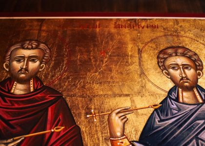 Beautiful traditional Orthodox icons depicting saints in a church setting.